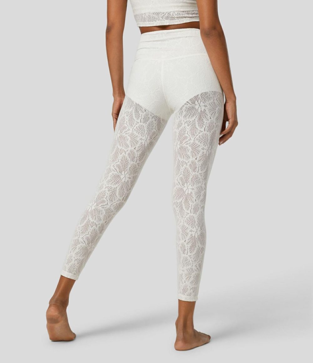 High Waisted Crossover 2-in-1 7/8 Lace Casual Leggings  | Womens  Crossover Leggings Clothing Crossover Leggings