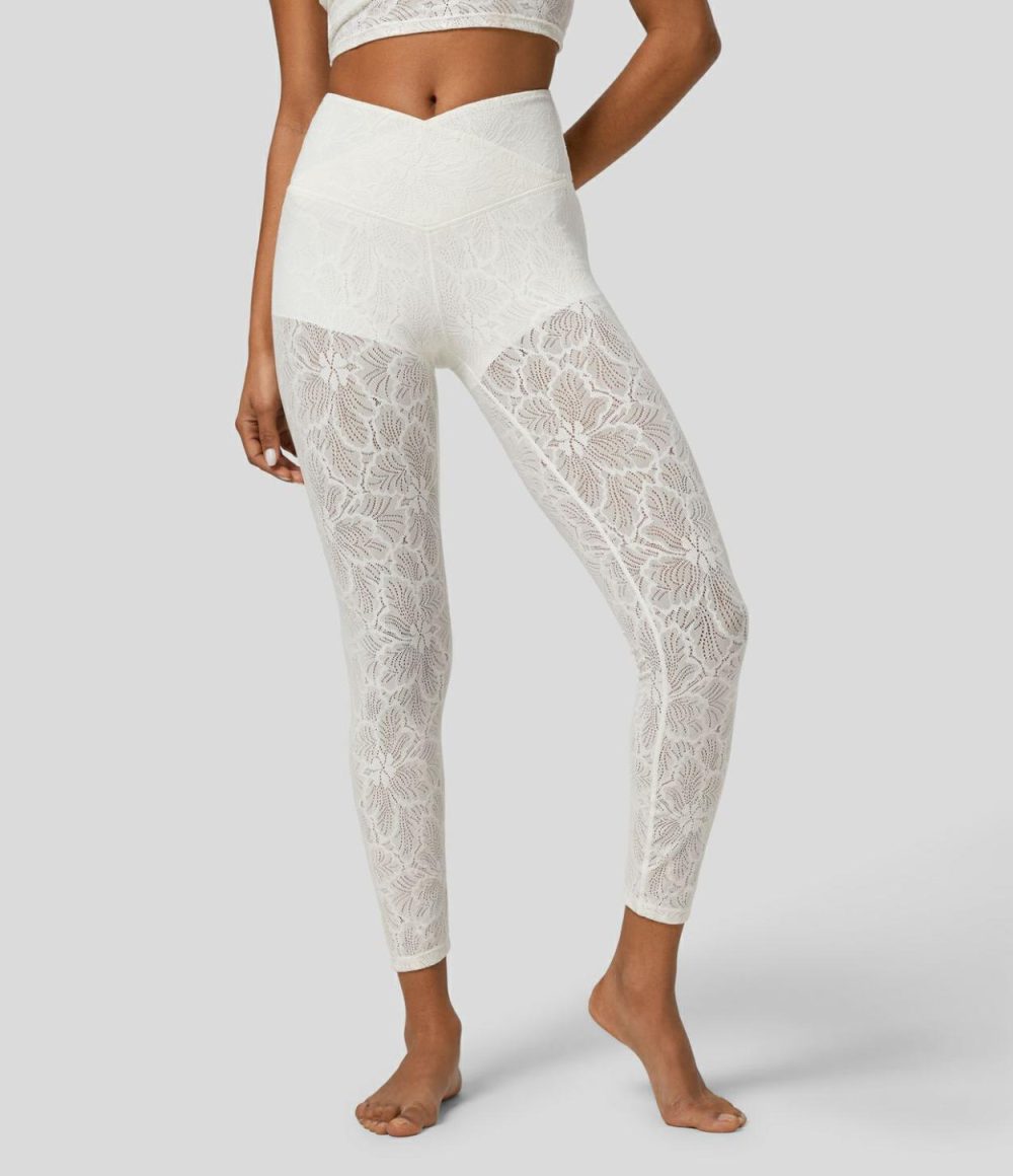 High Waisted Crossover 2-in-1 7/8 Lace Casual Leggings  | Womens  Crossover Leggings Clothing Crossover Leggings