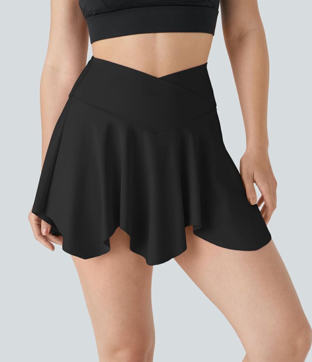 High Waisted Crossover 2-in-1 Side Pocket Asymmetric Flare Mini Skirt  | Womens  Mini Skirts Clothing Mini Skirts