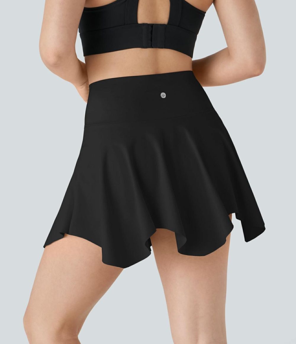 High Waisted Crossover 2-in-1 Side Pocket Asymmetric Flare Mini Skirt  | Womens  Mini Skirts Clothing Mini Skirts