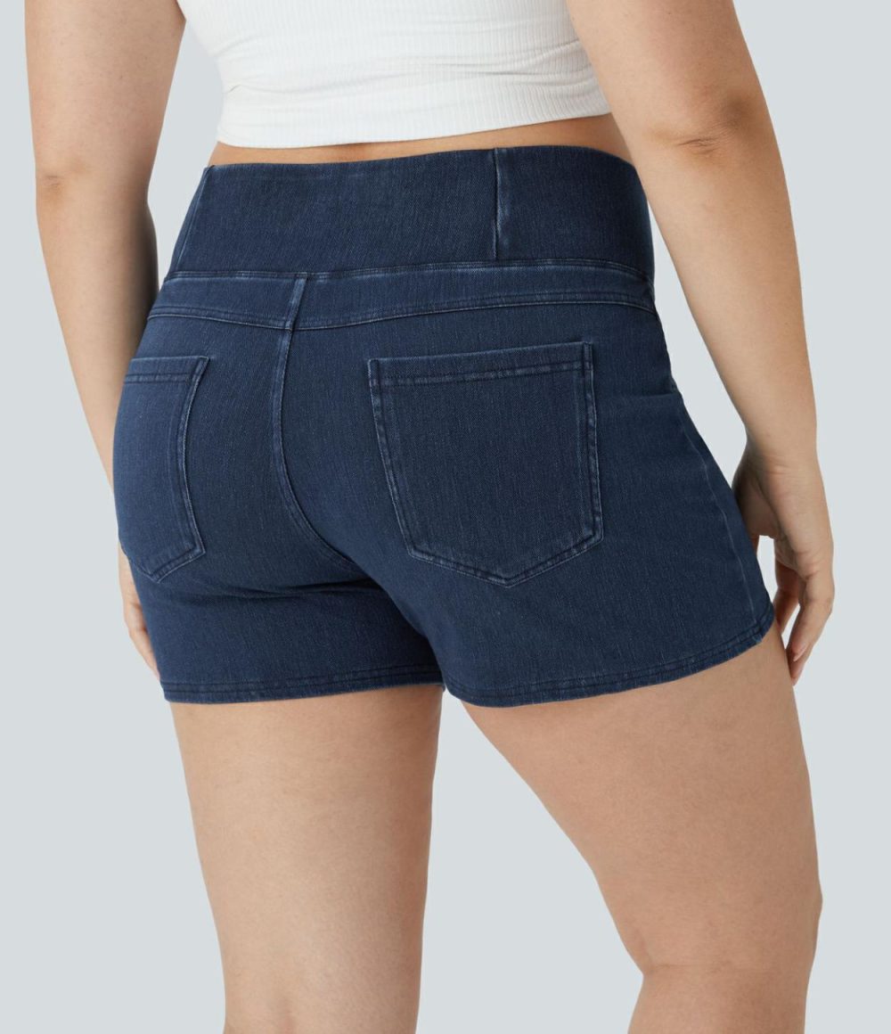 High Waisted Crossover Back Pocket Stretchy Knit Denim Casual Plus Size Shorts 3″  | Womens  Denim Shorts Clothing Denim Shorts