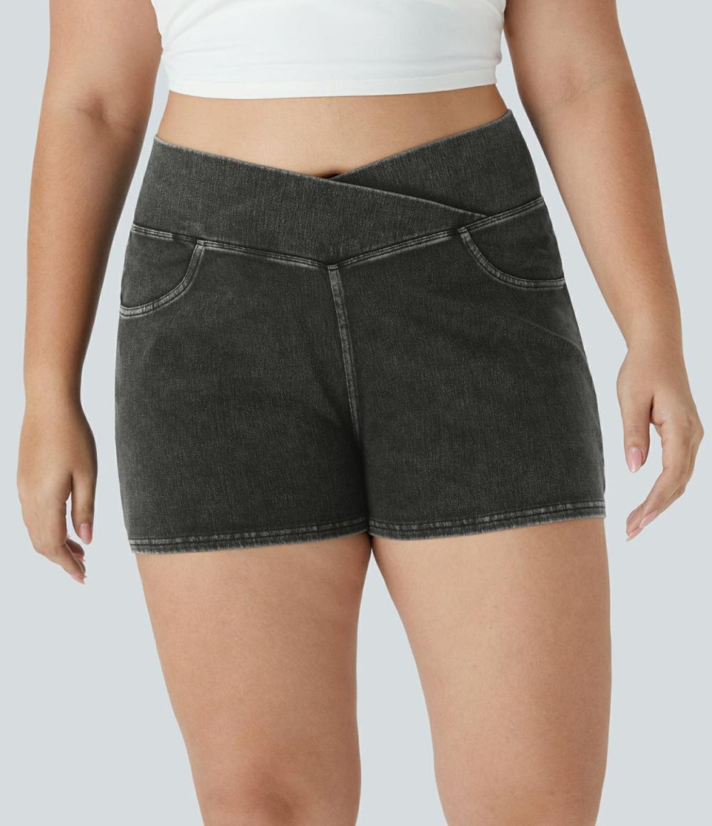 High Waisted Crossover Back Pocket Stretchy Knit Denim Casual Plus Size Shorts 3″  | Womens  Denim Shorts Clothing Denim Shorts