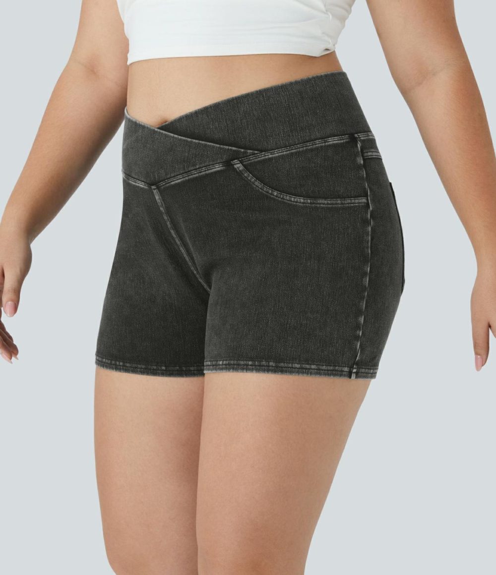 High Waisted Crossover Back Pocket Stretchy Knit Denim Casual Plus Size Shorts 3″  | Womens  Denim Shorts Clothing Denim Shorts