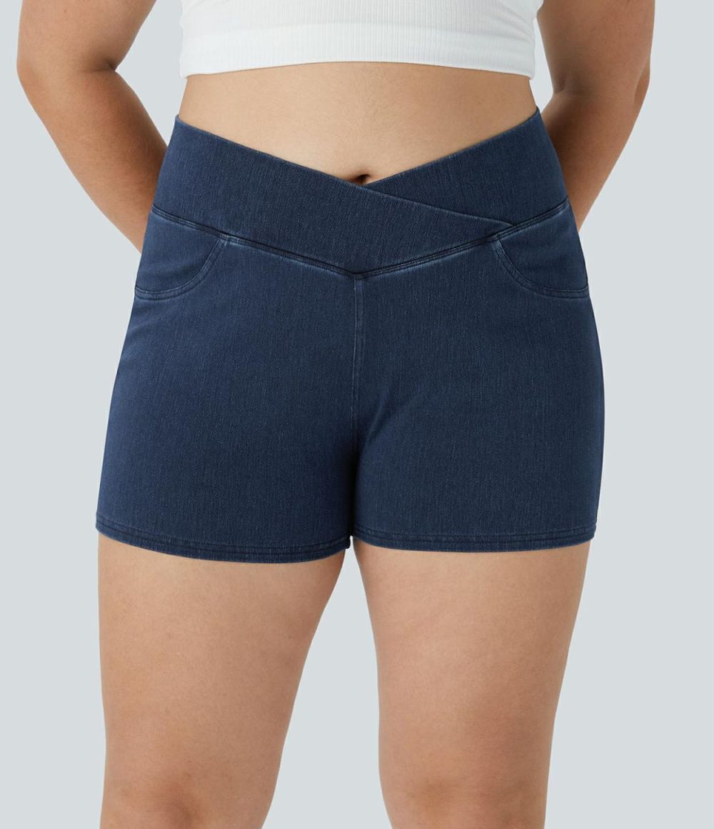 High Waisted Crossover Back Pocket Stretchy Knit Denim Casual Plus Size Shorts 3″  | Womens  Denim Shorts Clothing Denim Shorts