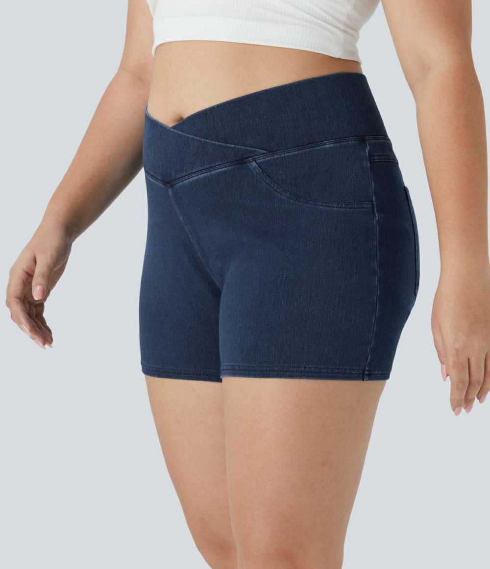 High Waisted Crossover Back Pocket Stretchy Knit Denim Casual Plus Size Shorts 3″  | Womens  Denim Shorts Clothing Denim Shorts