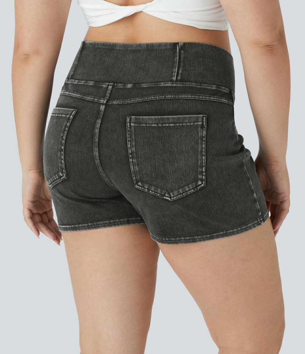 High Waisted Crossover Back Pocket Stretchy Knit Denim Casual Plus Size Shorts 3″  | Womens  Denim Shorts Clothing Denim Shorts