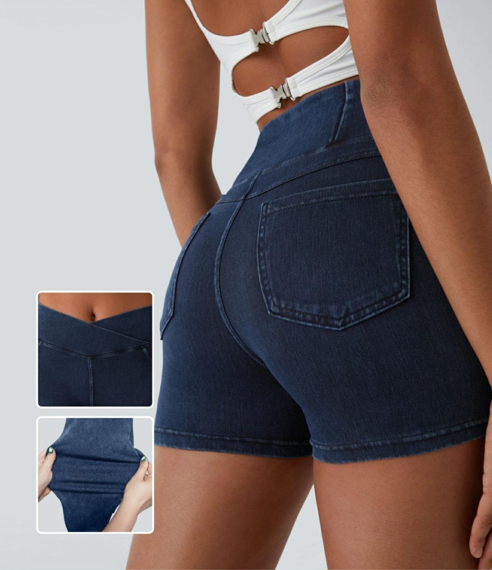 High Waisted Crossover Back Side Pocket Stretchy Knit Denim Casual Shorts 3″  | Womens  Denim Shorts Clothing Denim Shorts