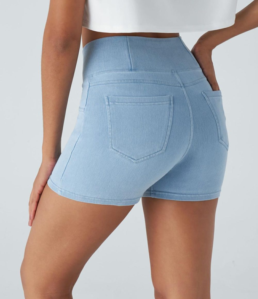 High Waisted Crossover Back Side Pocket Stretchy Knit Denim Casual Shorts 3″  | Womens  Denim Shorts Clothing Denim Shorts