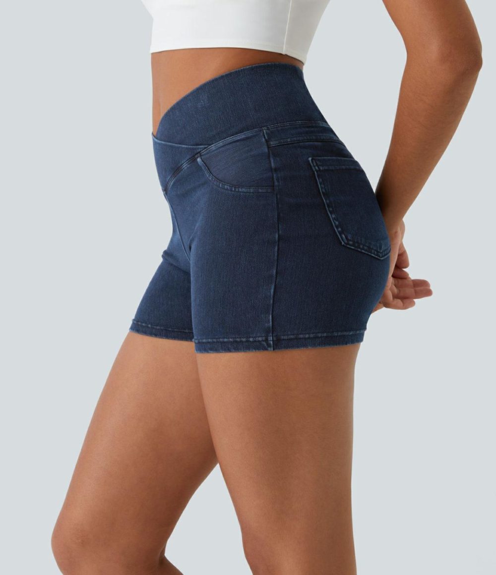 High Waisted Crossover Back Side Pocket Stretchy Knit Denim Casual Shorts 3″  | Womens  Denim Shorts Clothing Denim Shorts