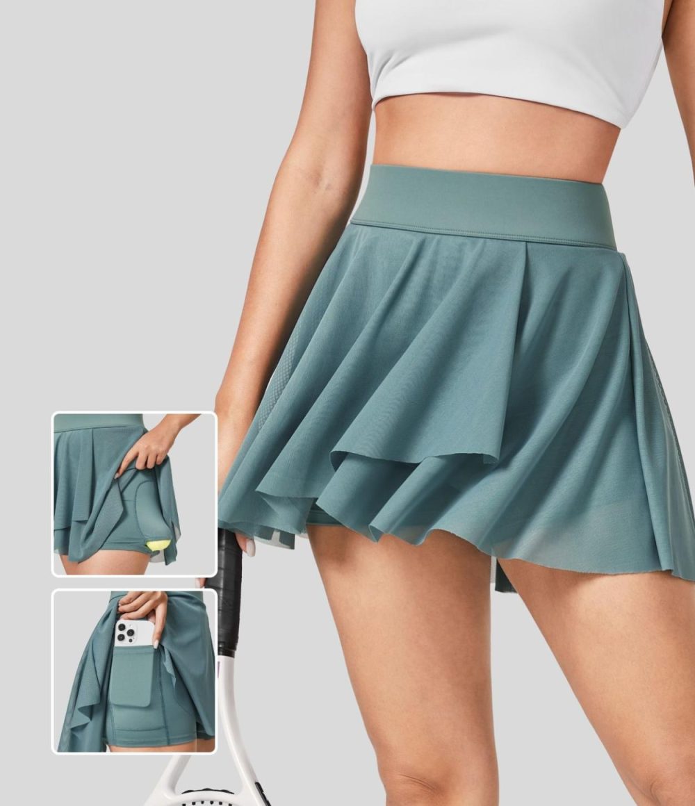 High Waisted Crossover Contrast Mesh 2-in-1 Side Pocket Flowy Mini Tennis Skirt  | Womens  Mini Skirts Clothing Mini Skirts