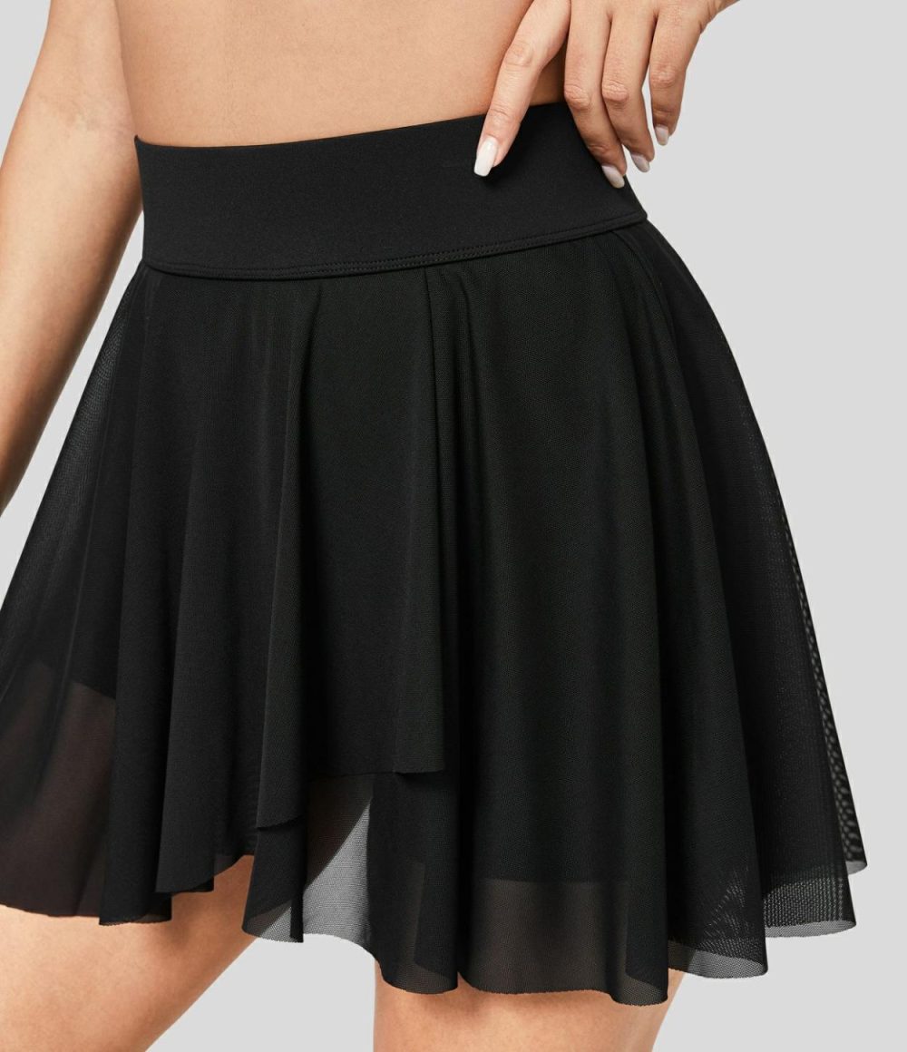 High Waisted Crossover Contrast Mesh 2-in-1 Side Pocket Flowy Mini Tennis Skirt  | Womens  Mini Skirts Clothing Mini Skirts