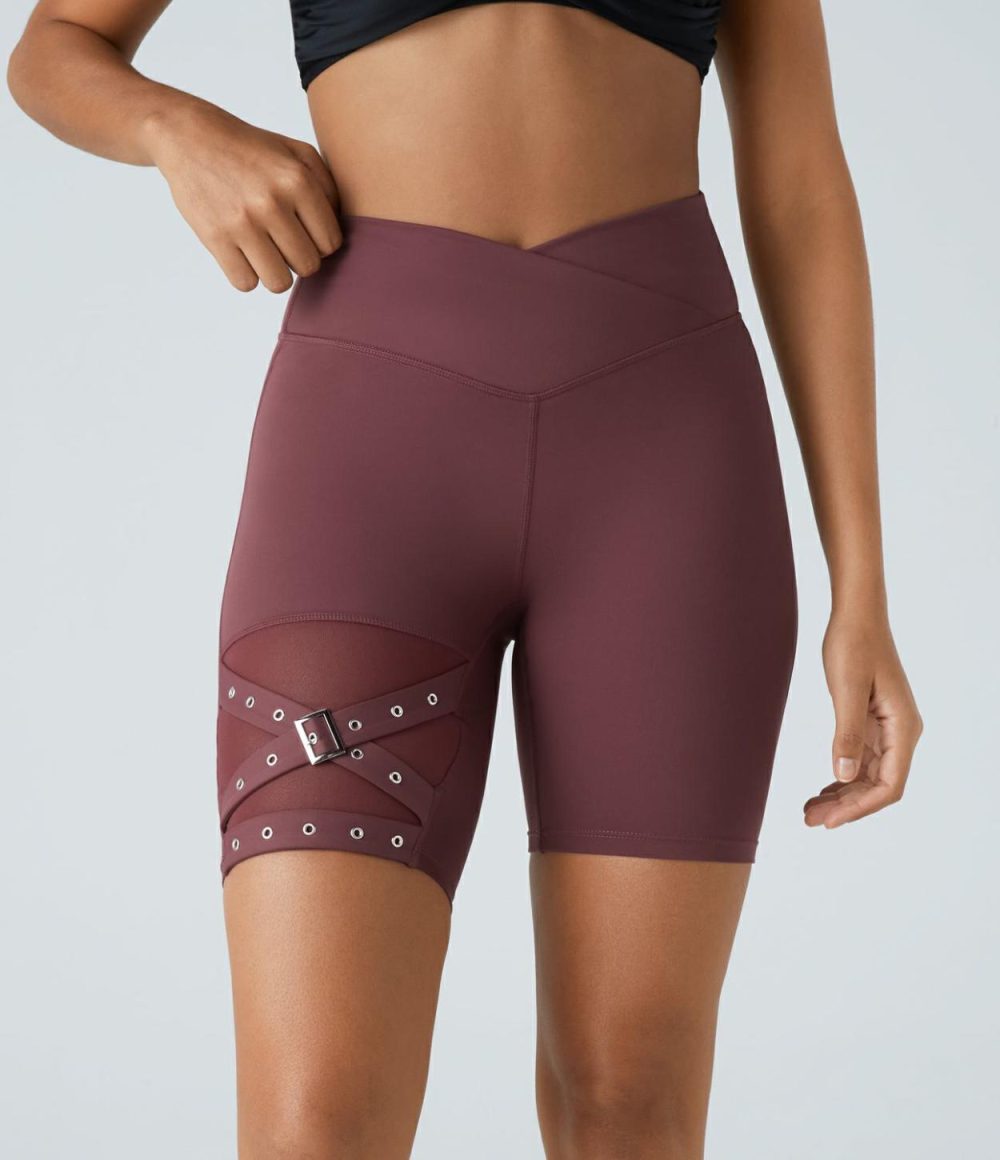 High Waisted Crossover Contrast Mesh Decorative Buckle Yoga Biker Shorts  | Womens  Crossover Shorts Crossover Shorts