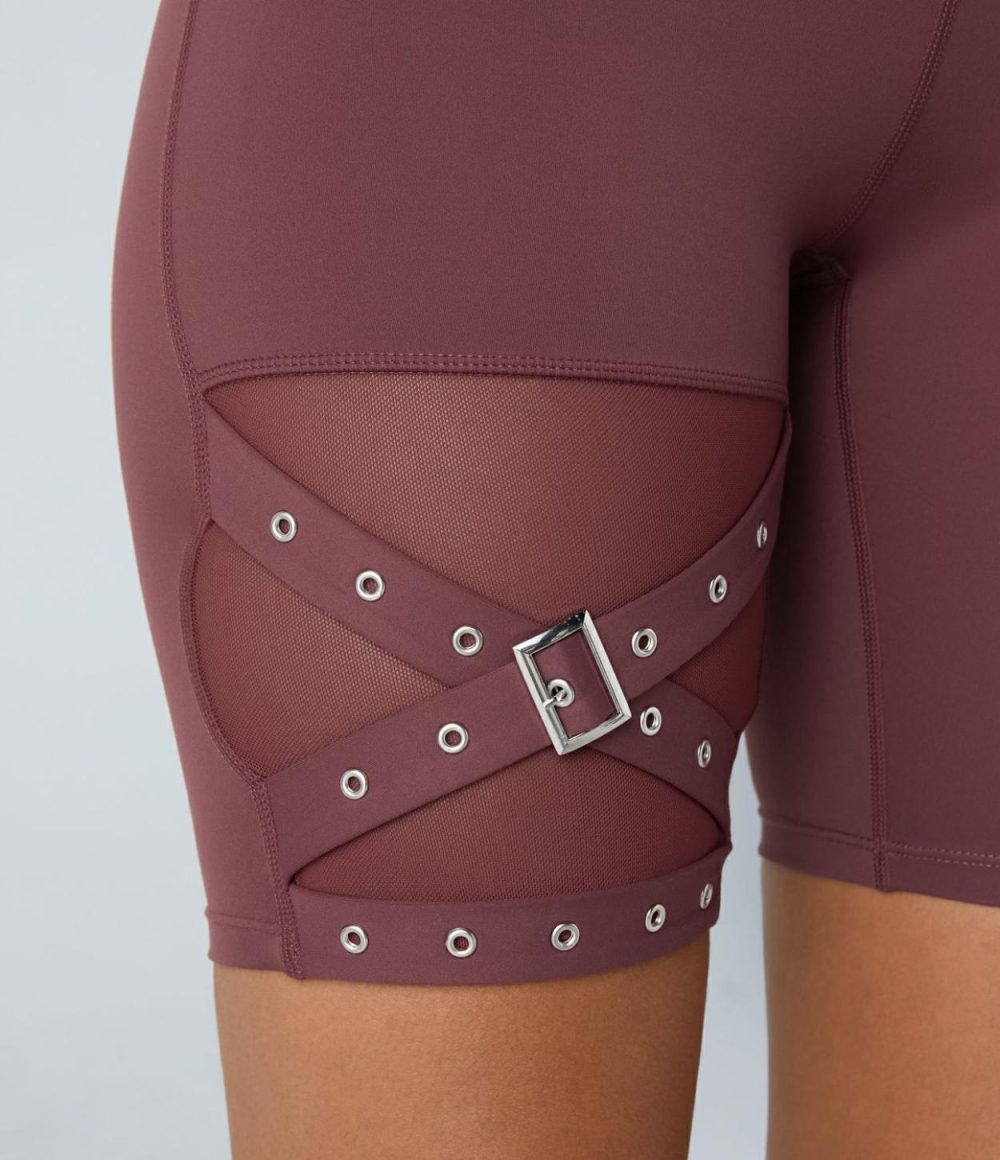 High Waisted Crossover Contrast Mesh Decorative Buckle Yoga Biker Shorts  | Womens  Crossover Shorts Crossover Shorts