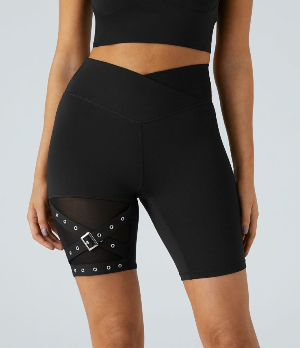 High Waisted Crossover Contrast Mesh Decorative Buckle Yoga Biker Shorts  | Womens  Crossover Shorts Crossover Shorts