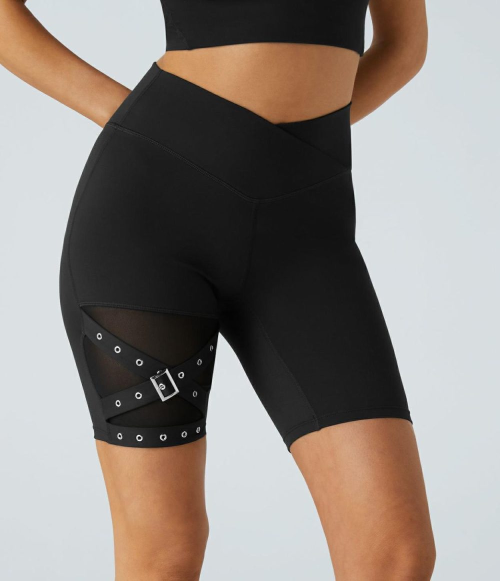 High Waisted Crossover Contrast Mesh Decorative Buckle Yoga Biker Shorts  | Womens  Crossover Shorts Crossover Shorts