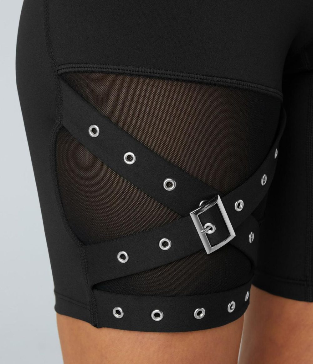 High Waisted Crossover Contrast Mesh Decorative Buckle Yoga Biker Shorts  | Womens  Crossover Shorts Crossover Shorts