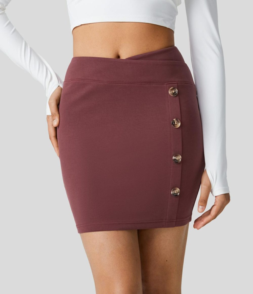 High Waisted Crossover Decorative Button Bodycon Mini Casual Skirt  | Womens  Mini Skirts Clothing Mini Skirts