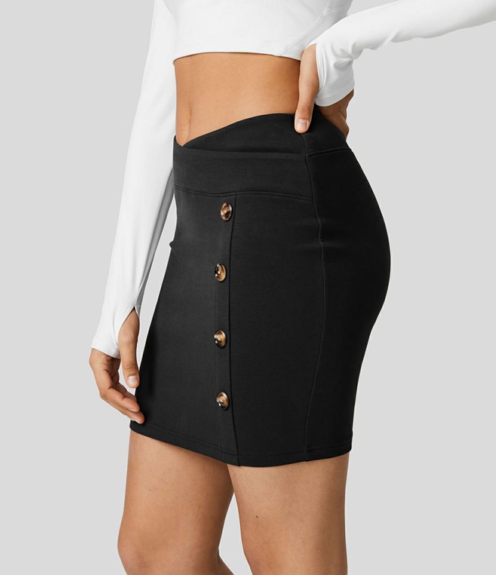 High Waisted Crossover Decorative Button Bodycon Mini Casual Skirt  | Womens  Mini Skirts Clothing Mini Skirts