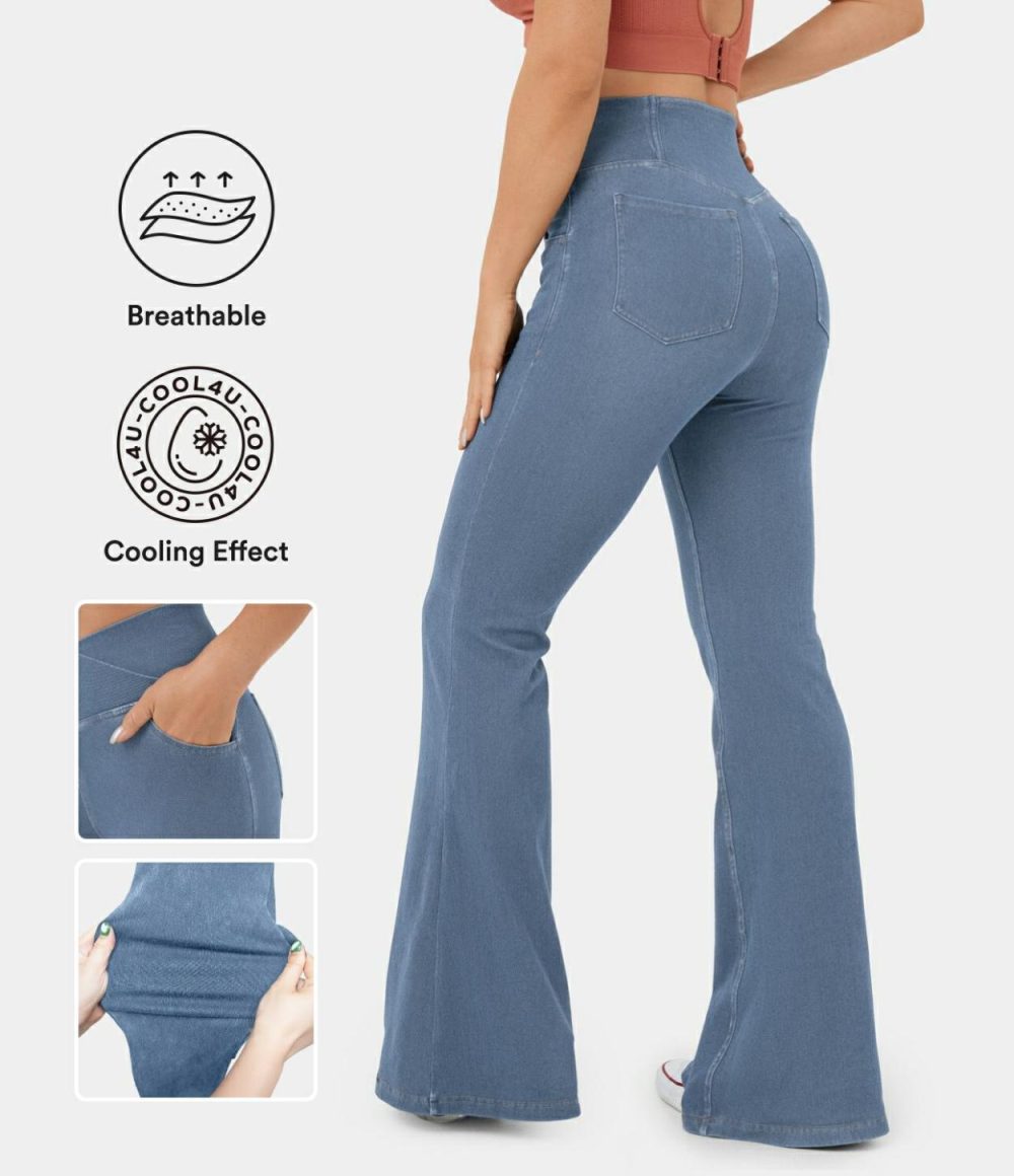 High Waisted Crossover Pocket Cool Touch Washed Stretchy Knit Casual Super Flare Jeans  | Womens  Jeans Clothing Denim Shorts