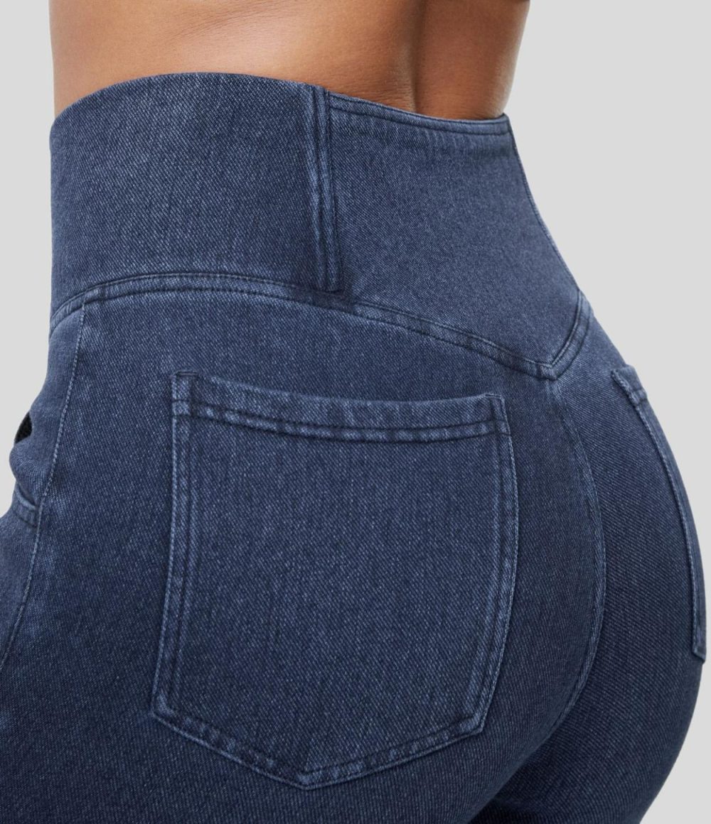 High Waisted Crossover Pocket Washed Stretchy Knit Casual Super Flare Fleece Jeans  | Womens  Denim Shorts Clothing Denim Shorts