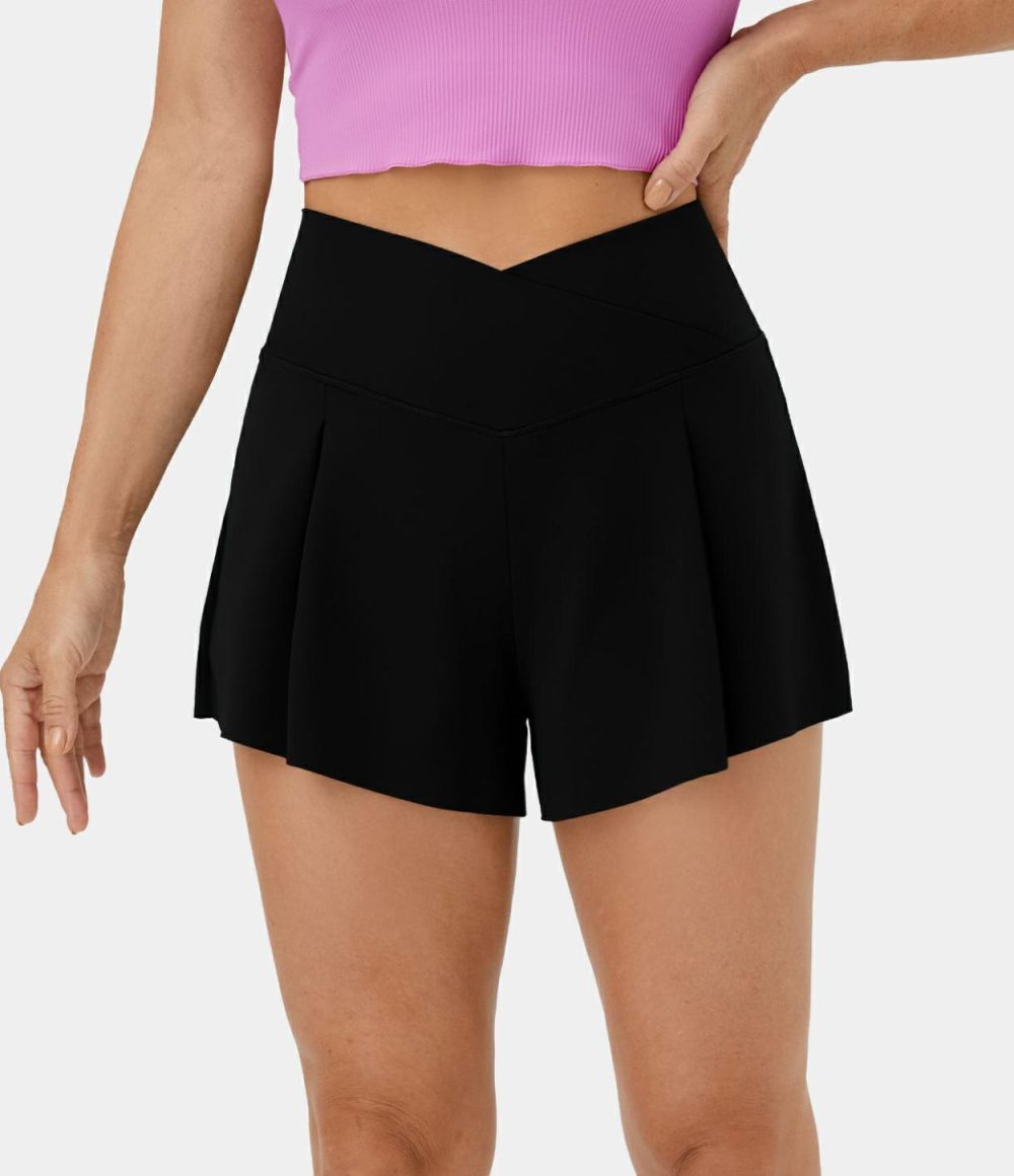 High Waisted Crossover Ruched Side Pocket 2-in-1 Casual Shorts 3″  | Womens  Crossover Shorts Clothing Blue Spruce/Black