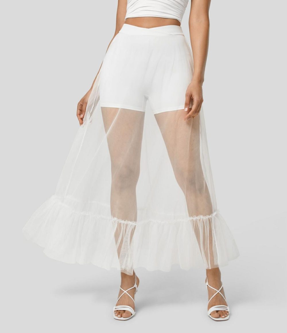 High Waisted Crossover Ruffle Hem 2-in-1 Maxi Sheer Mesh Flowy Resort Skirt  | Womens  2-in-1 Skorts 2-in-1 Skorts 2-in-1 Skorts