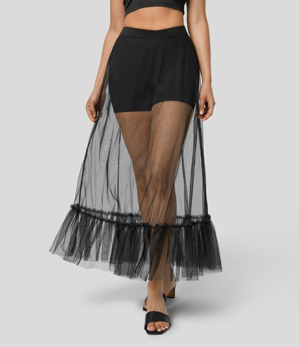 High Waisted Crossover Ruffle Hem 2-in-1 Maxi Sheer Mesh Flowy Resort Skirt  | Womens  2-in-1 Skorts 2-in-1 Skorts 2-in-1 Skorts