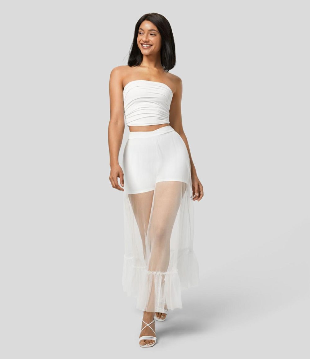 High Waisted Crossover Ruffle Hem 2-in-1 Maxi Sheer Mesh Flowy Resort Skirt  | Womens  2-in-1 Skorts 2-in-1 Skorts 2-in-1 Skorts