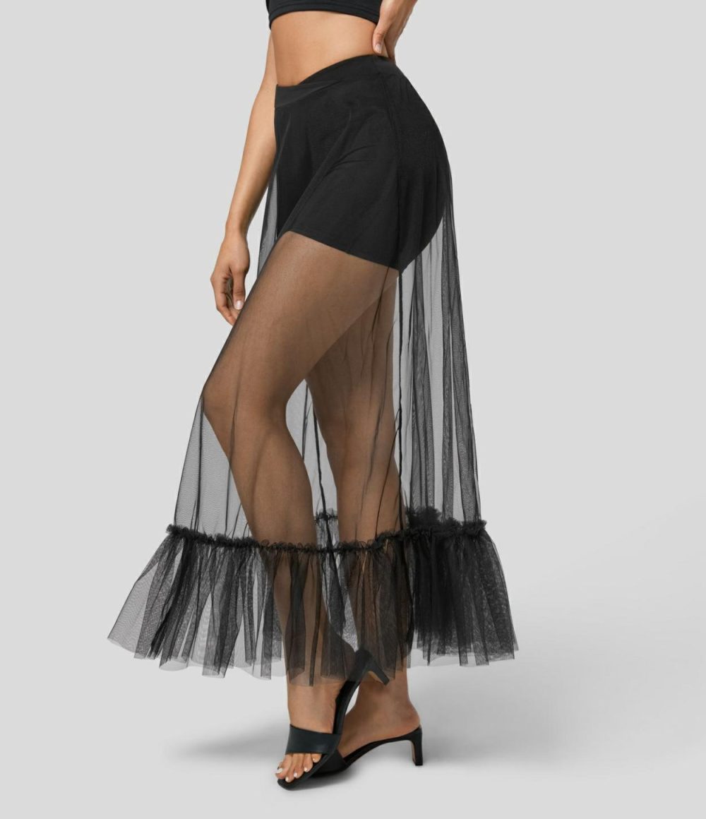 High Waisted Crossover Ruffle Hem 2-in-1 Maxi Sheer Mesh Flowy Resort Skirt  | Womens  2-in-1 Skorts 2-in-1 Skorts 2-in-1 Skorts