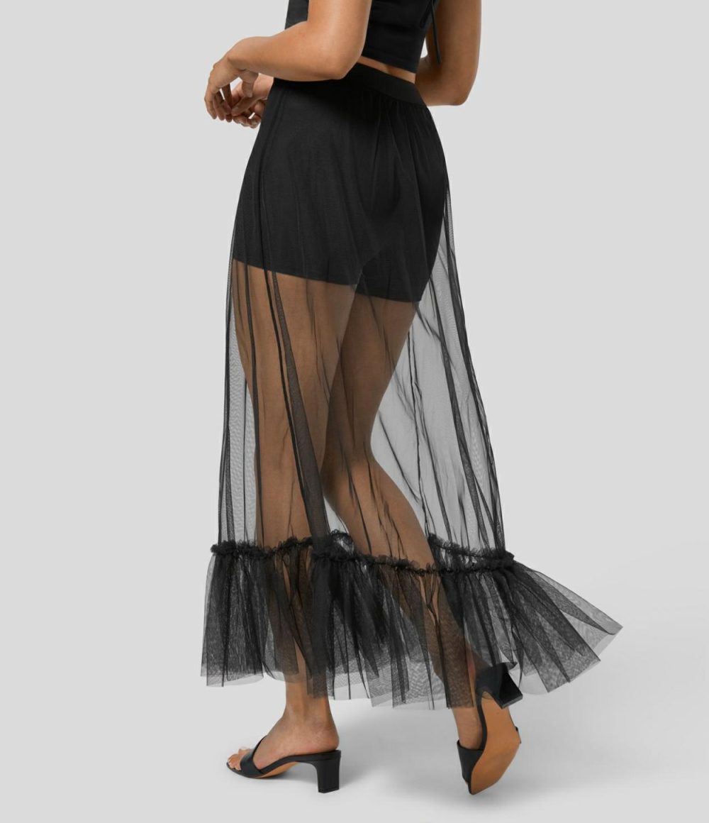 High Waisted Crossover Ruffle Hem 2-in-1 Maxi Sheer Mesh Flowy Resort Skirt  | Womens  2-in-1 Skorts 2-in-1 Skorts 2-in-1 Skorts