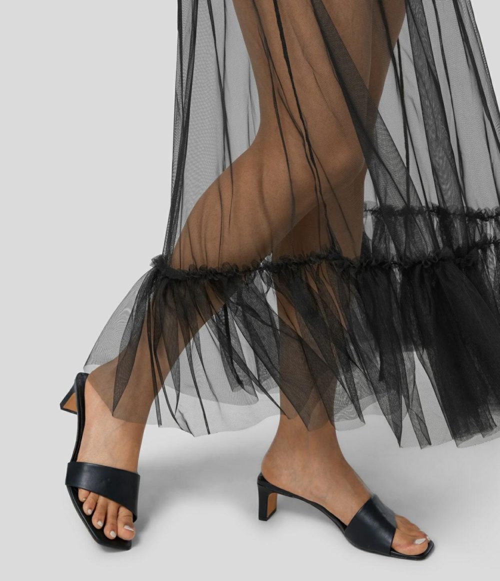 High Waisted Crossover Ruffle Hem 2-in-1 Maxi Sheer Mesh Flowy Resort Skirt  | Womens  2-in-1 Skorts 2-in-1 Skorts 2-in-1 Skorts