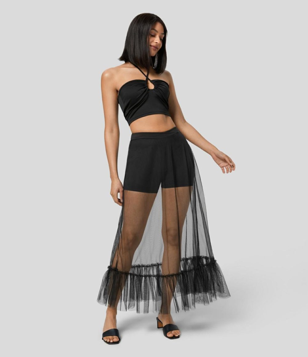 High Waisted Crossover Ruffle Hem 2-in-1 Maxi Sheer Mesh Flowy Resort Skirt  | Womens  2-in-1 Skorts 2-in-1 Skorts 2-in-1 Skorts