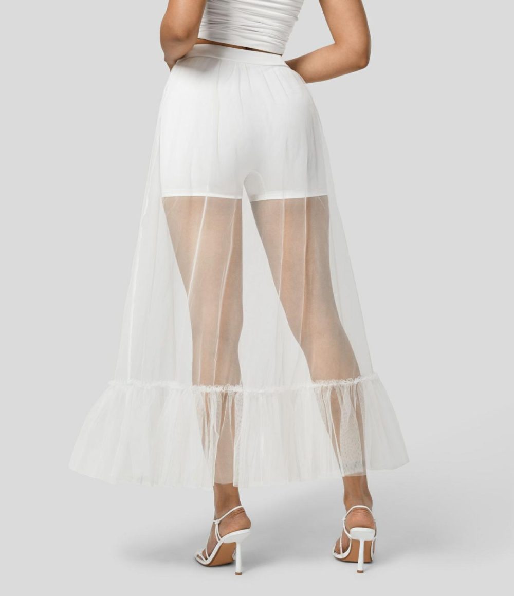 High Waisted Crossover Ruffle Hem 2-in-1 Maxi Sheer Mesh Flowy Resort Skirt  | Womens  2-in-1 Skorts 2-in-1 Skorts 2-in-1 Skorts