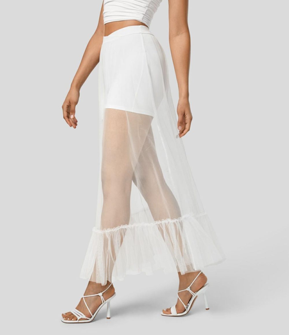 High Waisted Crossover Ruffle Hem 2-in-1 Maxi Sheer Mesh Flowy Resort Skirt  | Womens  2-in-1 Skorts 2-in-1 Skorts 2-in-1 Skorts