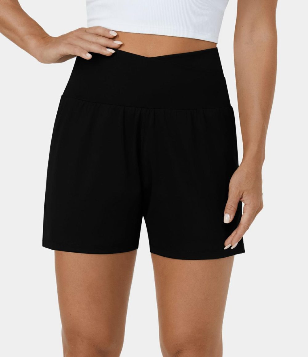 High Waisted Crossover Side Pocket 2-in-1 Casual Shorts  | Womens  Crossover Shorts Clothing Crossover Shorts