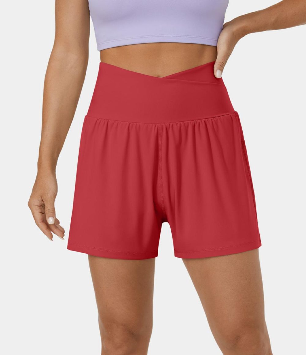 High Waisted Crossover Side Pocket 2-in-1 Casual Shorts  | Womens  Crossover Shorts Clothing Crossover Shorts