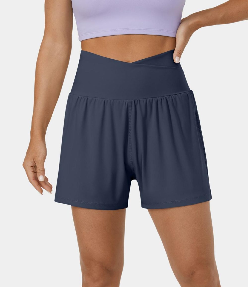 High Waisted Crossover Side Pocket 2-in-1 Casual Shorts  | Womens  Crossover Shorts Clothing Crossover Shorts