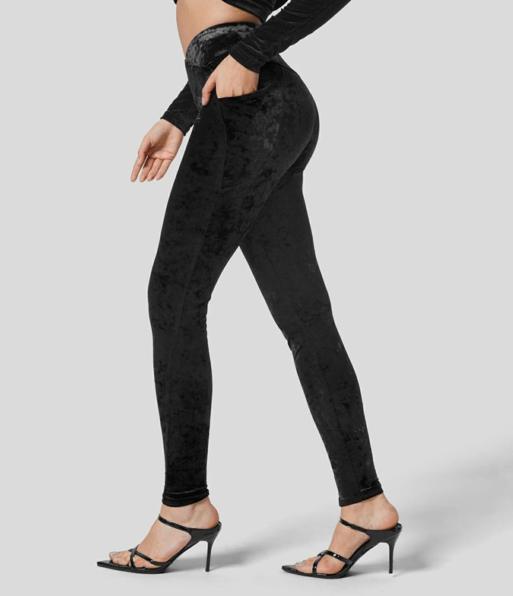 High Waisted Crossover Side Pocket Velvet Casual 7/8 Leggings  | Womens  Crossover Leggings Clothing Crossover Leggings