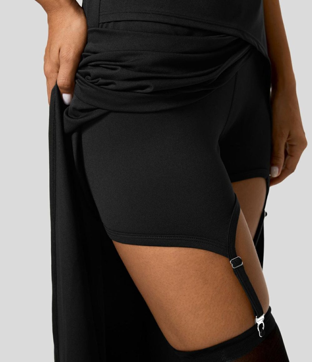 High Waisted Crossover Split 2-in-1 Adjustable Garter With Metal Clips Work Skirt  | Womens  2-in-1 Skorts 2-in-1 Skorts 2-in-1 Skorts