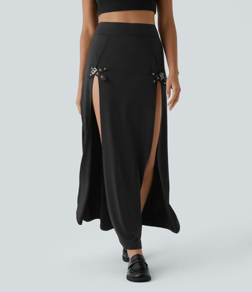 High Waisted Decorative Buckle Split 2-in-1 Maxi Casual Skirt  | Womens  2-in-1 Skorts 2-in-1 Skorts 2-in-1 Skorts