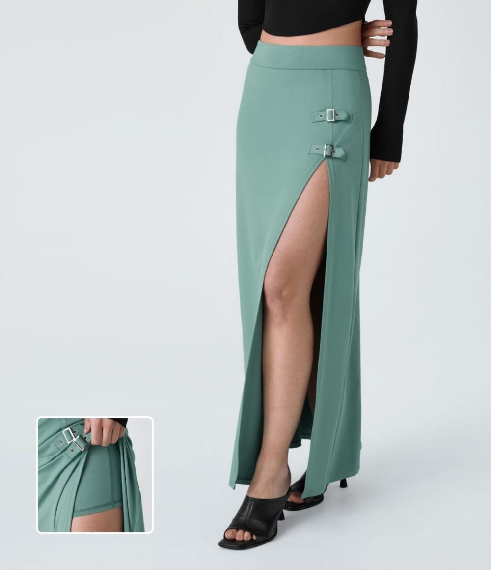 High Waisted Decorative Buckle Split 2-in-1 Maxi Casual Skirt  | Womens  2-in-1 Skorts 2-in-1 Skorts 2-in-1 Skorts