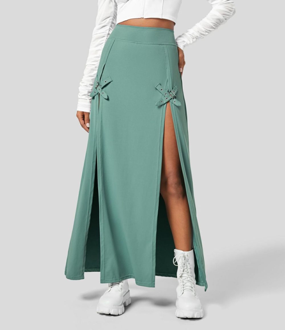 High Waisted Decorative Buckle Split 2-in-1 Maxi Casual Skirt  | Womens  2-in-1 Skorts 2-in-1 Skorts 2-in-1 Skorts