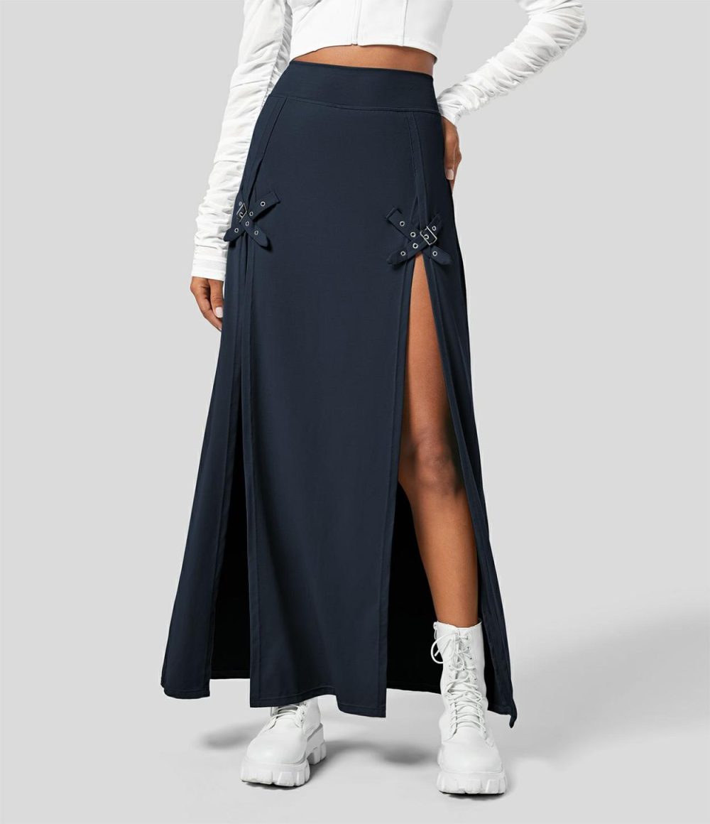 High Waisted Decorative Buckle Split 2-in-1 Maxi Casual Skirt  | Womens  2-in-1 Skorts 2-in-1 Skorts 2-in-1 Skorts