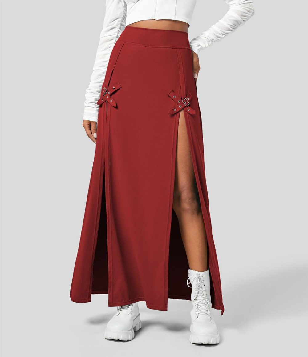 High Waisted Decorative Buckle Split 2-in-1 Maxi Casual Skirt  | Womens  2-in-1 Skorts 2-in-1 Skorts 2-in-1 Skorts