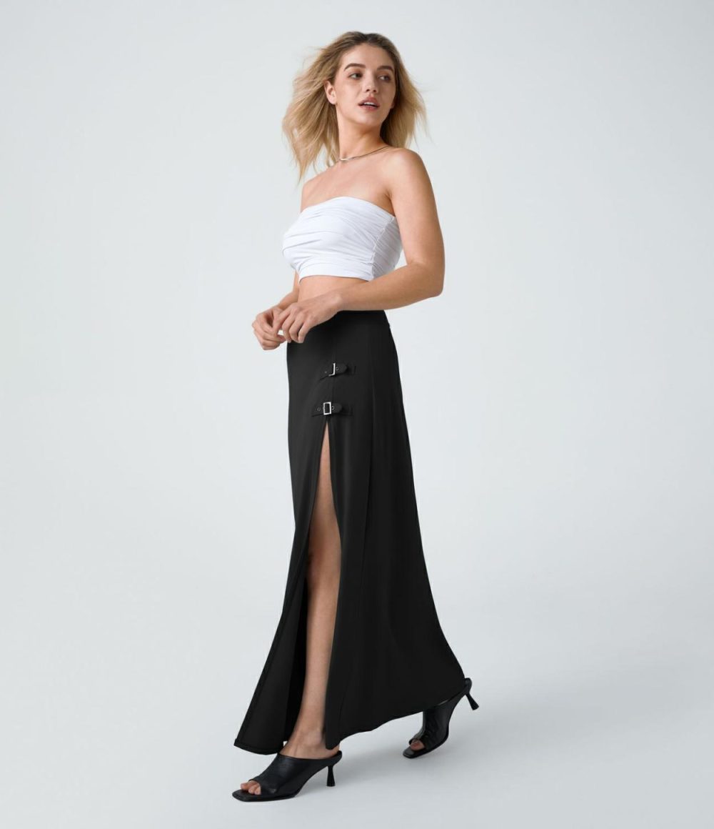 High Waisted Decorative Buckle Split 2-in-1 Maxi Casual Skirt  | Womens  2-in-1 Skorts 2-in-1 Skorts 2-in-1 Skorts