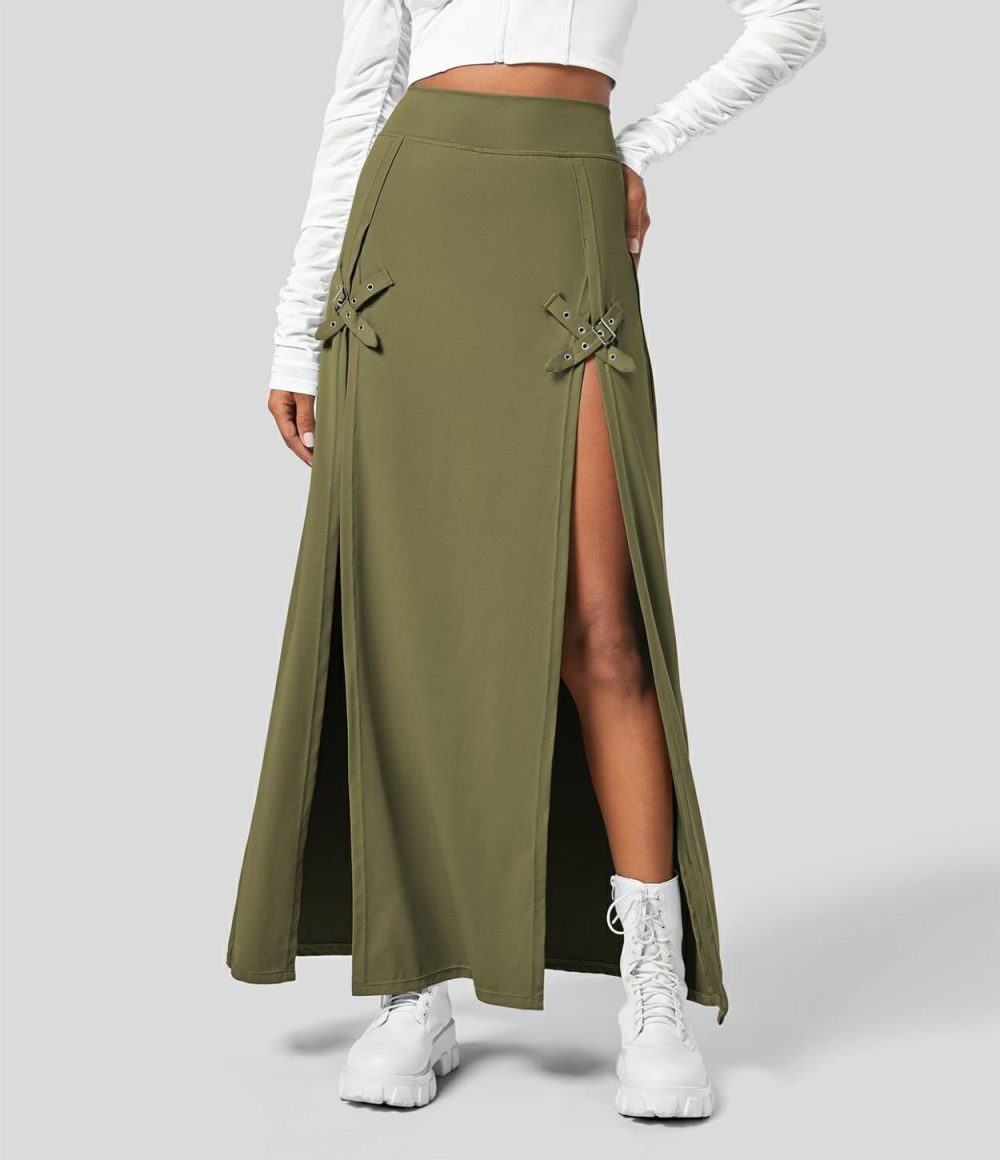 High Waisted Decorative Buckle Split 2-in-1 Maxi Casual Skirt  | Womens  2-in-1 Skorts 2-in-1 Skorts 2-in-1 Skorts