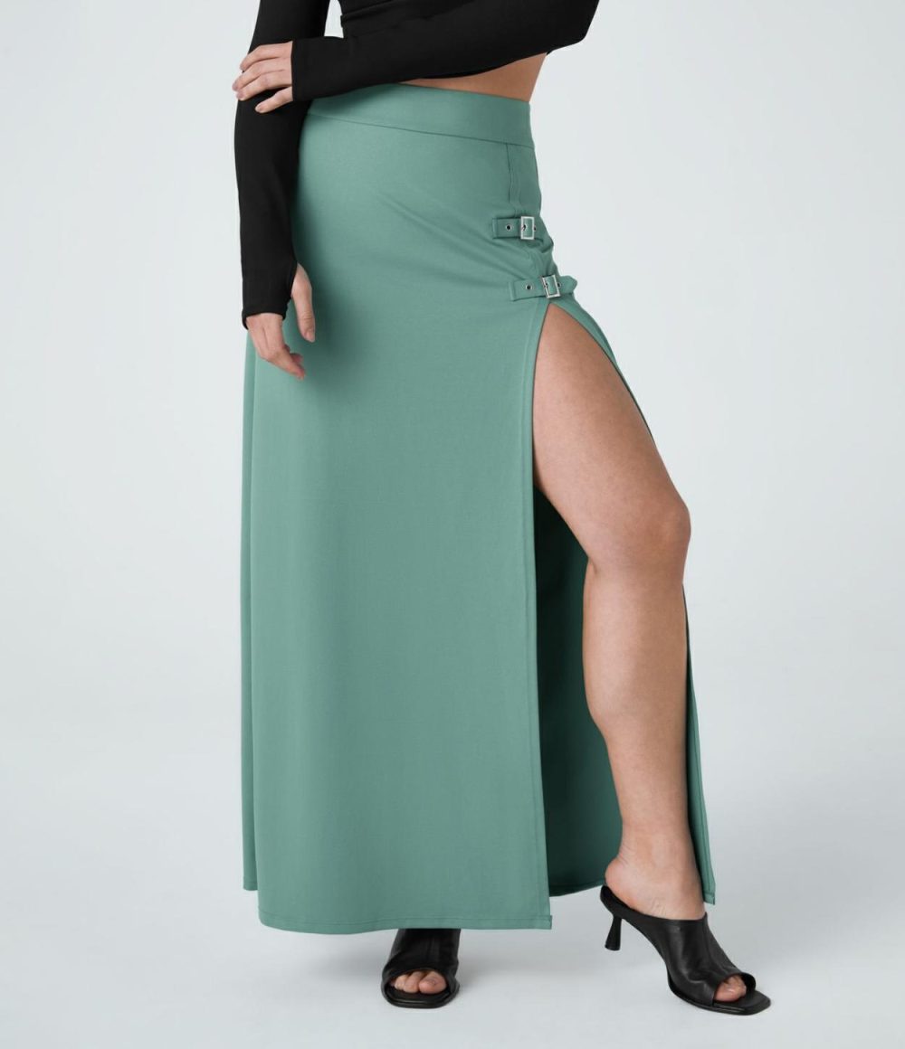 High Waisted Decorative Buckle Split 2-in-1 Maxi Casual Skirt  | Womens  2-in-1 Skorts 2-in-1 Skorts 2-in-1 Skorts