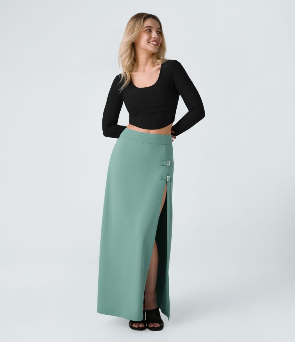 High Waisted Decorative Buckle Split 2-in-1 Maxi Casual Skirt  | Womens  2-in-1 Skorts 2-in-1 Skorts 2-in-1 Skorts