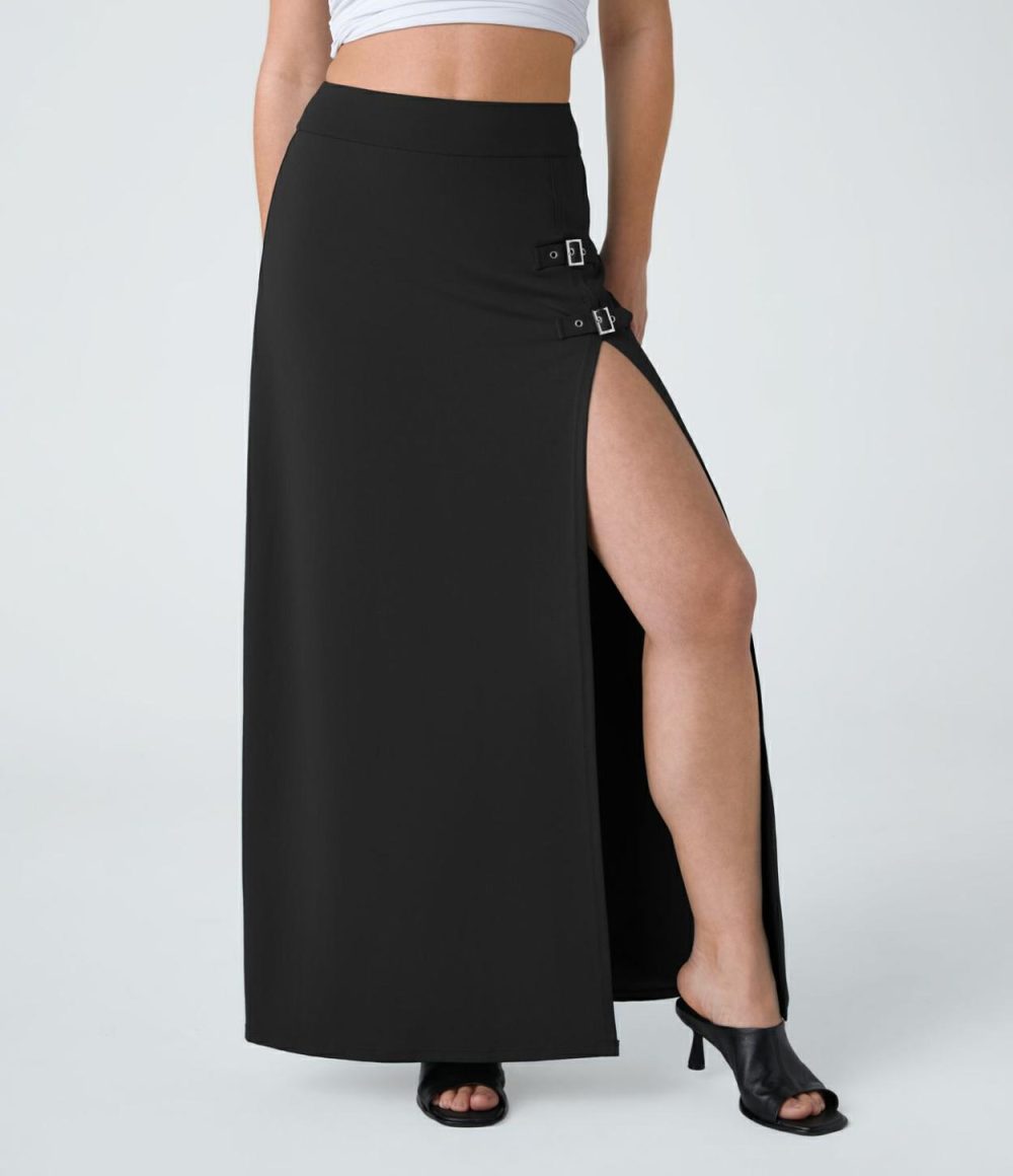 High Waisted Decorative Buckle Split 2-in-1 Maxi Casual Skirt  | Womens  2-in-1 Skorts 2-in-1 Skorts 2-in-1 Skorts