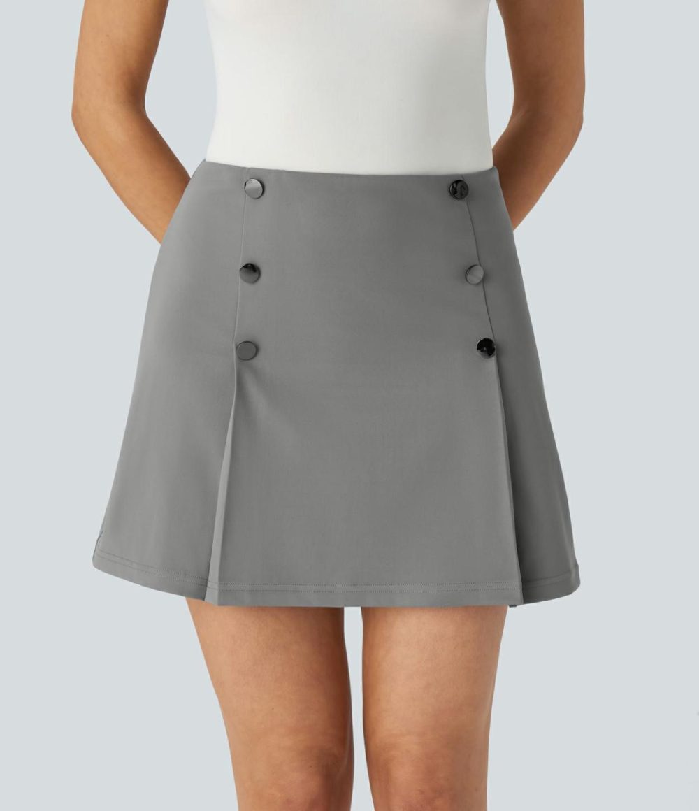 High Waisted Decorative Button 2-in-1 A Line Mini Work Skirt  | Womens  Mini Skirts Clothing Mini Skirts